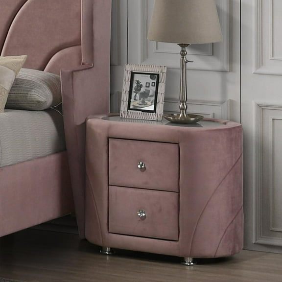ACME Salonia 2 Drawers Velvet Upholstery Nightstand with Mirror Top in Pink