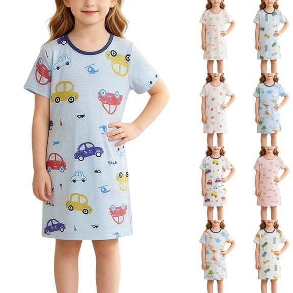 SROBPTY Teen Girls Dresses Print Crew Neck Short Sleeve Sleep Mid-Length Dress for 3-13Y