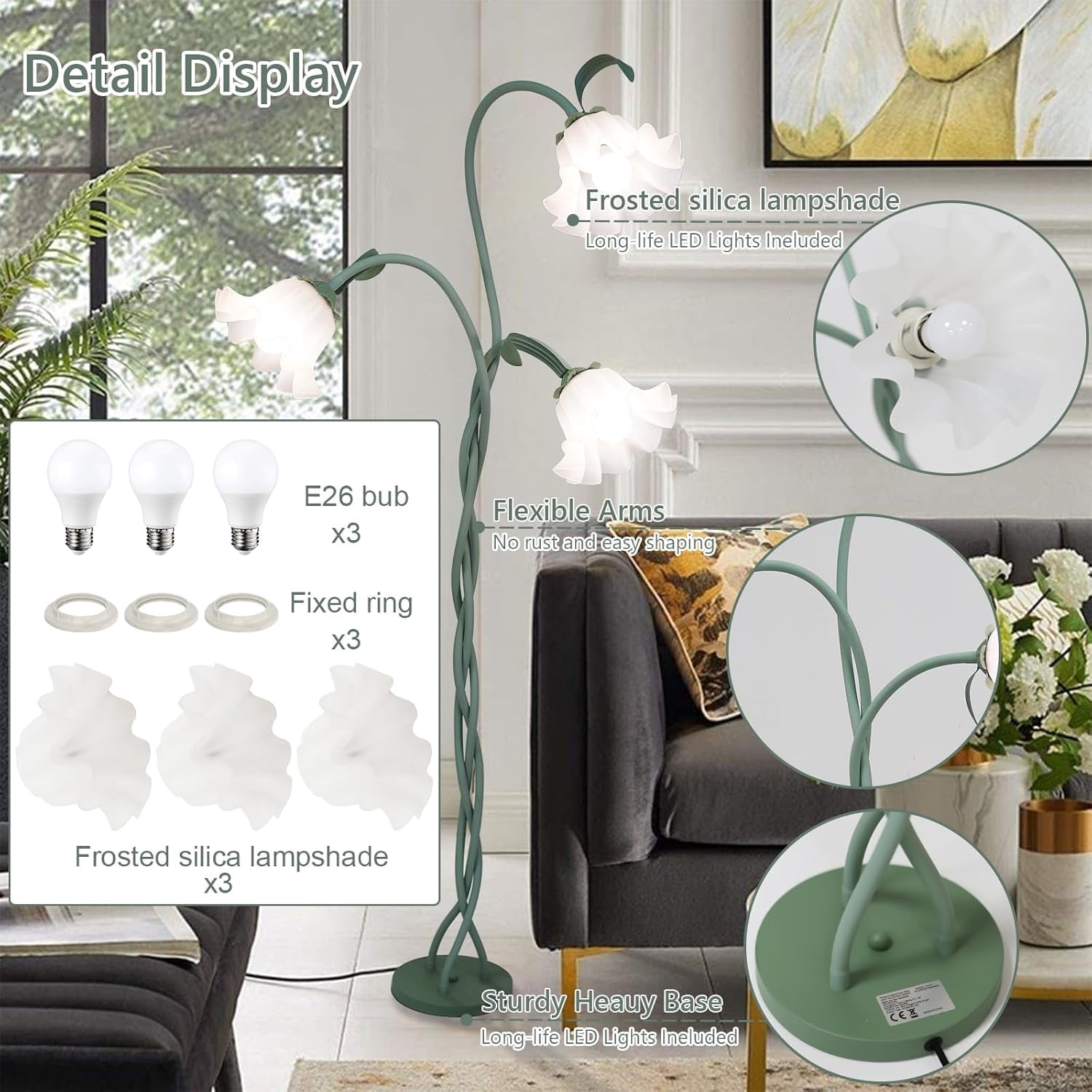 Vintage Flower Floor Lamp for Girls' Bedroom, Cute 3 Heads Floor Reading Light with Flexible Gooseneck, 3 Colors Modern Corner Standing Lamp with Lily for Living Room Office Home Decor,Bulbs Included
