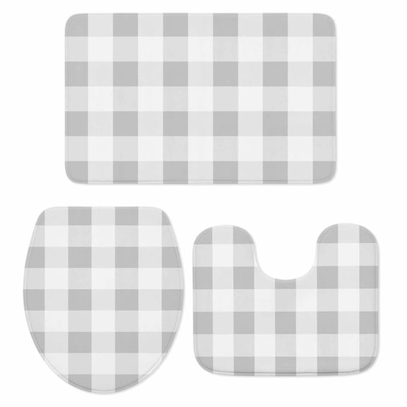 Grey Plaid Bath Mat 3 Piece Bathroom Rug Set, Spring Summer Farmhouse Buffalo Checkered Non Slip Bath Rug Contour Mat and Toilet Lid Cover, Absorbent Shower Mats Soft Bath Rugs and Mats Sets
