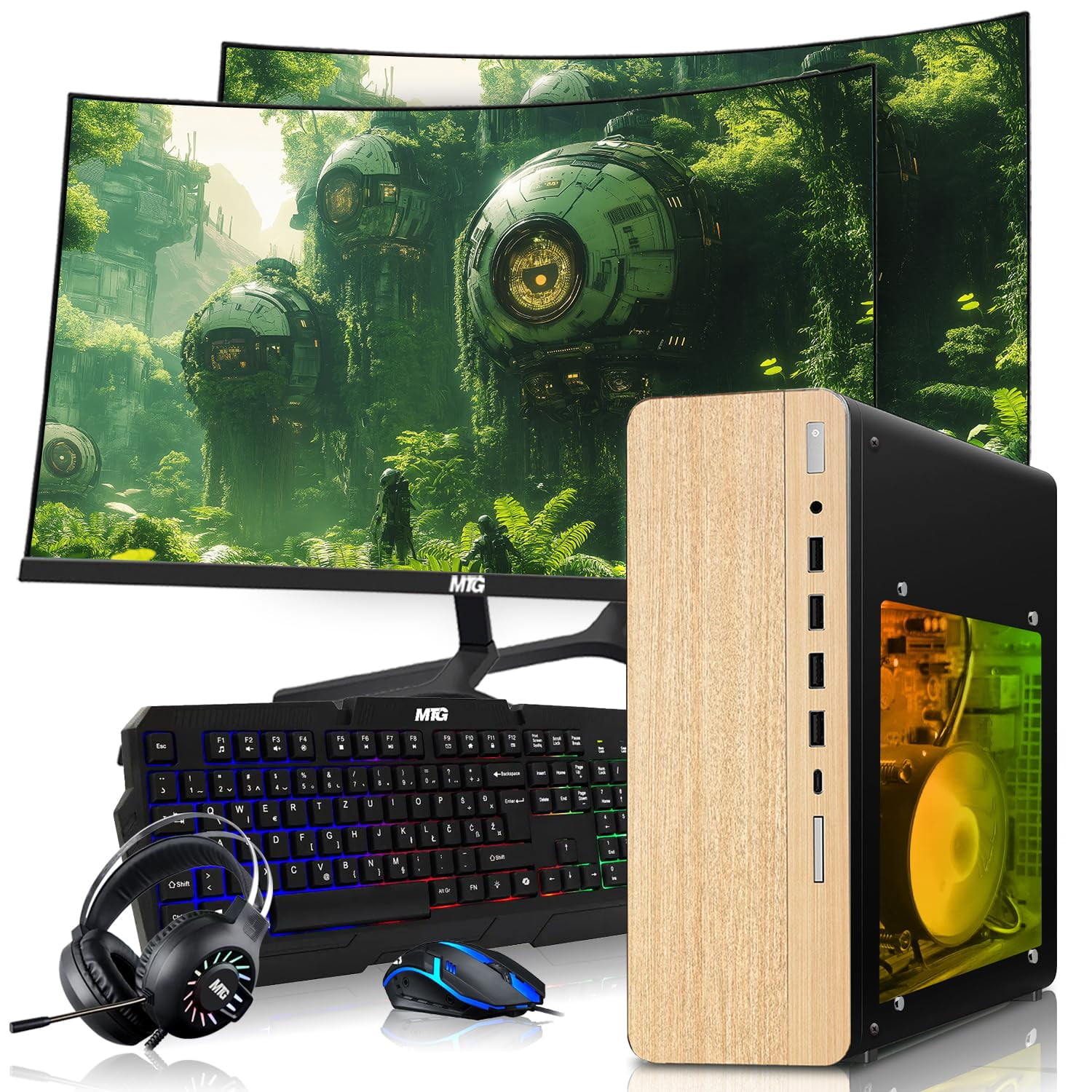 Restored HP Full Light Gaming PC Desktop Computer – AMD Pro A10-9700,GT 1030 Graphics,16GB RAM,1TB SSD,Dual 32 Inch Curved Monitor,RGB Keyboard with AI Copilot,Mouse,WiFi,RGB Headphone,Windows 11 (Refurbished)