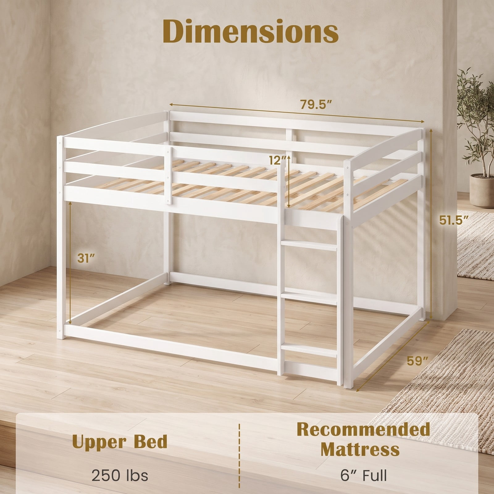 Furnibear Low-to-ground Full Over Full Wood Bunk Bed with Integrated Ladder and Safety Guardrails for Kids Shared Rooms, White