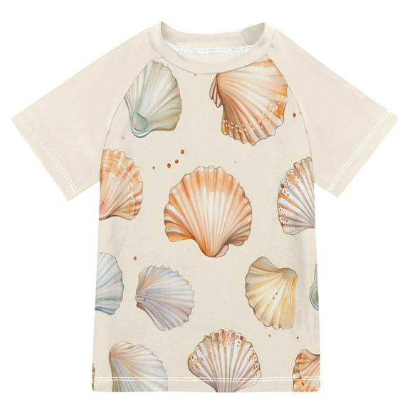 FORMRS Boys Rash Guard with Short Sleeves UPF 50 Swim Shirts Sizes 3-12T, Beige Seashell