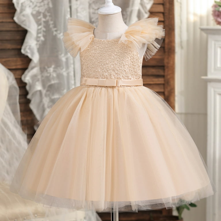 gold bow dresses Sunnypetal Gold Satin Puffy Princess Flower Girl Dresses Short Big Bow  Pageant Prom Dress main image 1
