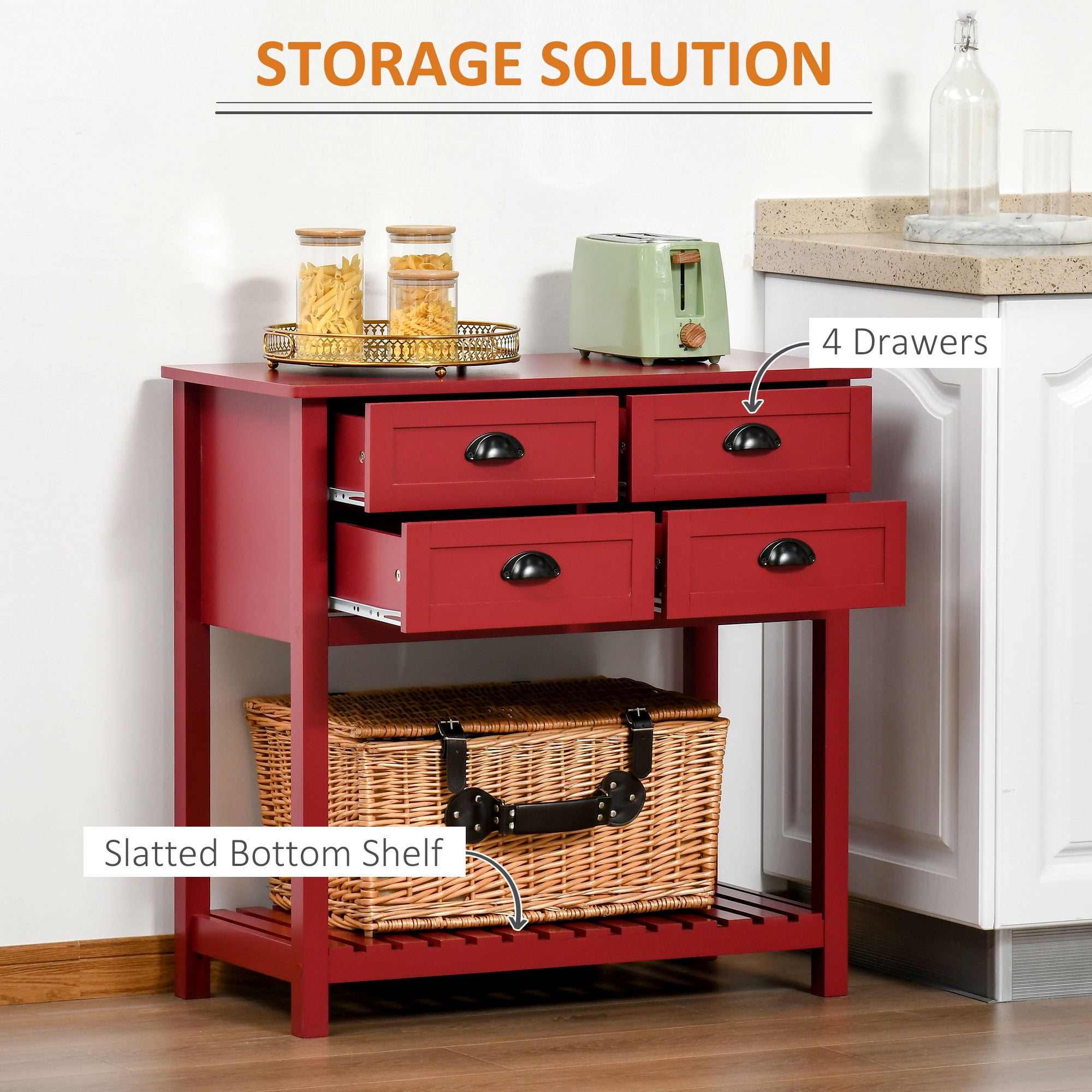 HOQBN Sideboard Buffet Cabinet with Storage, Modern Coffee Bar Cabinet with 4 Drawers and Slatted Bottom Shelf for Kitchen, Living Room, Dining Room, Hallway, Red