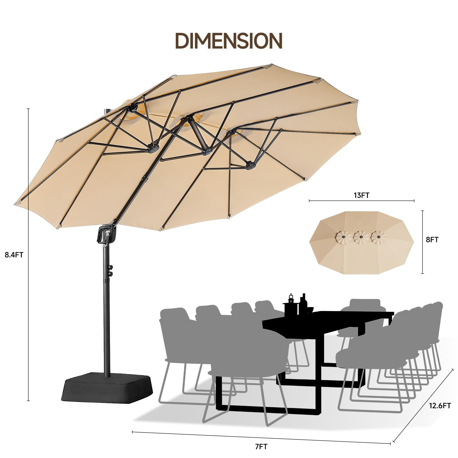 ONBRILL Patio Umbrella, 8x13FT Cantilever Double-Sided Rectangular Umbrella w/Free Height Adjustment