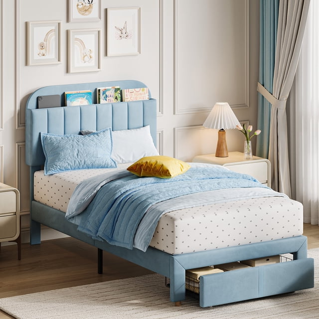 EDTara Cadre de Lit Simple avec Tiroir de Rangement et Roue, Plateforme Rembourrée en Velours, Sans Bruit, Aucun Sommier Requis pour Enfants