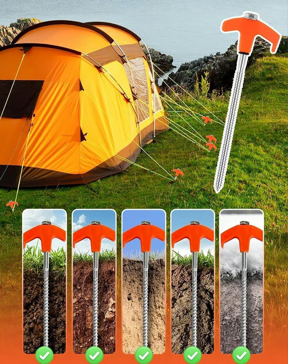 Screw In Tent Stakes 10-Pack 8 Inch Threaded Ground Anchors Drill Compatible(Red 10pcs)
