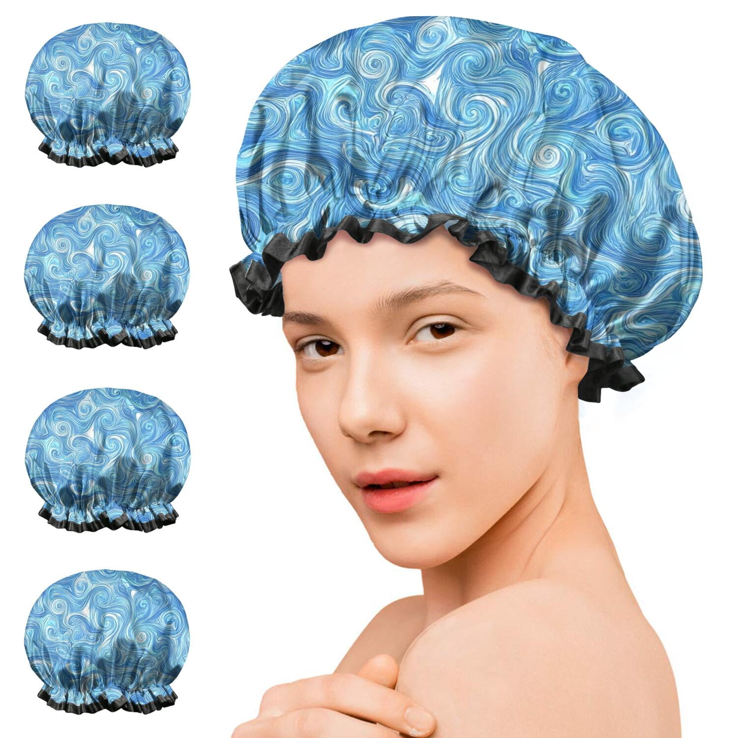 Shower Caps,Blue White Tie Dye Swirl Pattern Waterproof Shower Cap for Women 4 Pieces,Double Reusable Hair Cover for Shower PEVA Elastic Stretch Hem