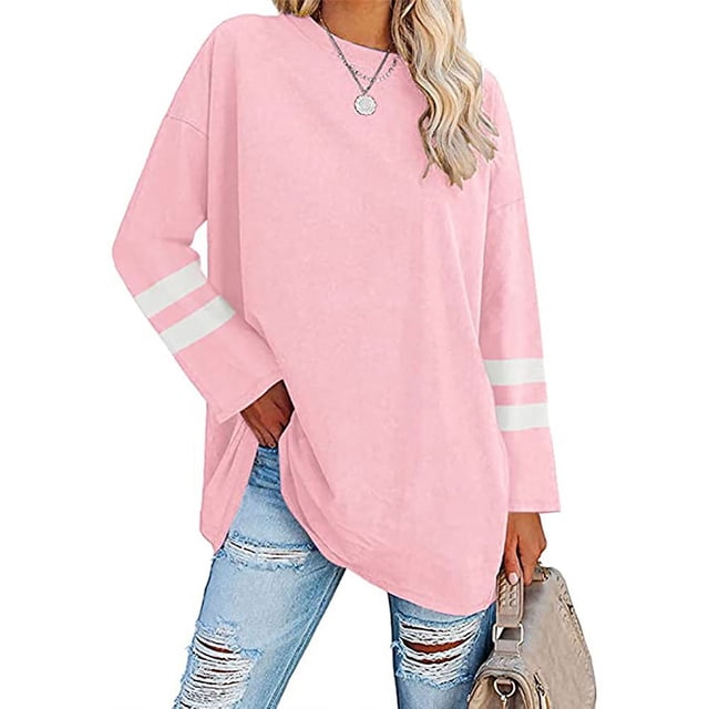 LUXUR T-shirt pour Femmes à Blocs de Couleur T-shirt à Manches Longues Tee Décontracté Hauts Col Rond Chandail Rose m