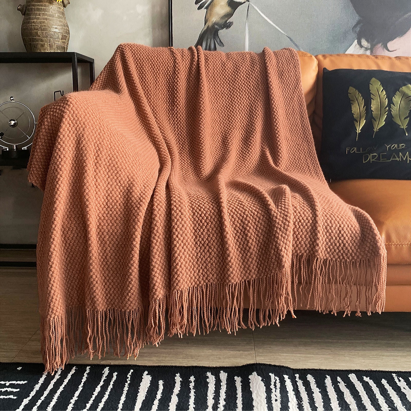 LOMAO Knitted Throw Blanket with Tassels Bubble Textured Lightweight Throws for Bed,Chair,Sofa,Living Room,Home Decor (Caramel/Rust,50*60 in)