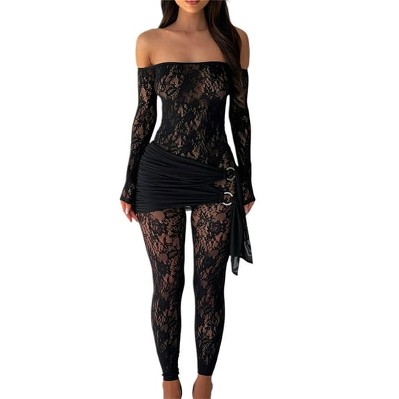 Rdhnmea Women Lace Jumpsuit, Long Sleeve Off-shoulder Patchwork Sheer Jumpsuit