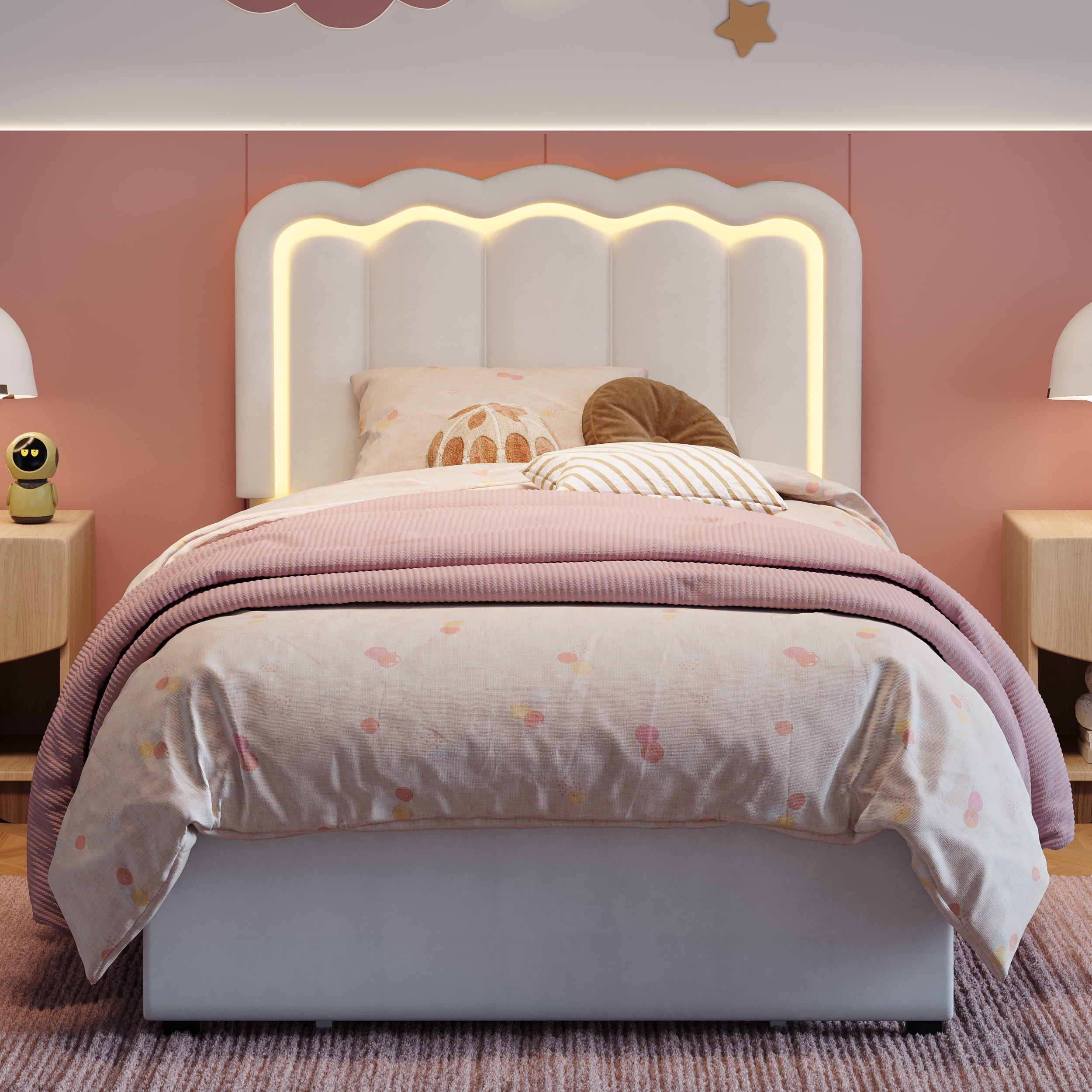 Amolife Twin Size LED Bed Frame with Drawer, Platform Bed with Velvet Upholstered Adjustable Wavy Headboard, White