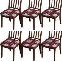 Red Christmas Snowflake and Plaid Seat Covers for Dining Room Chairs Set Of 6,Stretch Printed Washable Chair Seat Cover with Elastic Ties and Button,Removable Waterproof Couch Cushion Covers