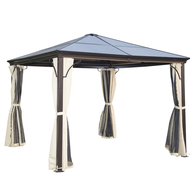 Abri de Jardin à Toit Rigide 10 x 10 Pi, Auvent Robuste, Pare-Soleil avec Rideau, Beige, Café