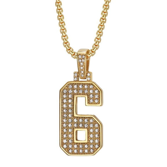HIJONES Men's Stainless Steel Zirconia Athletes Sport Number Pendant Necklace Football Baseball Basketball Layered Chain Gold-6