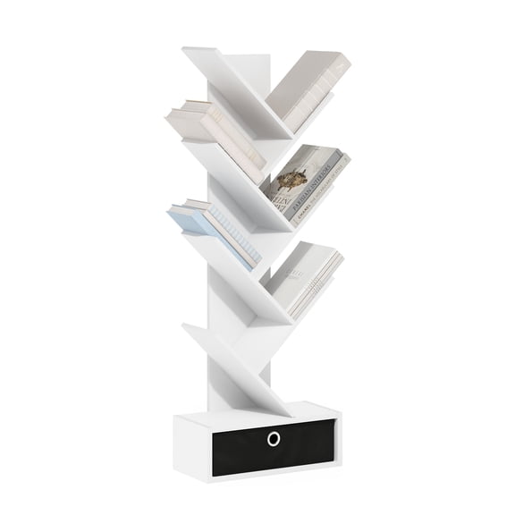 Furinno 7-Tier Tree Book Shelf with Bin Drawer, White Bookshelf, Tree Bookcase with Storage Bin, 8.4 x 16.9 x 46.2, for Living Room, Bedroom, Home Office, Plain White/Black
