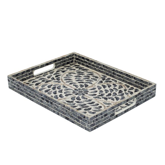 CC Home Furnishings Small Floral Capiz Tray with Handles - 15" - Black and White