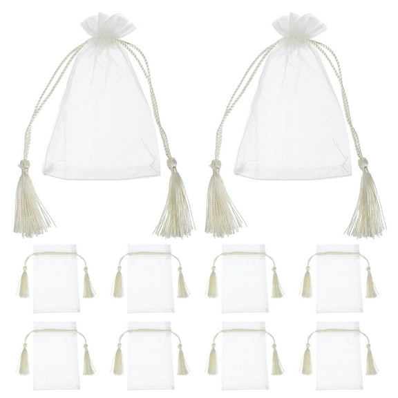 TEHAUX 10Pcs Transparent Beige Organza Drawstring Bags with Tassel for Packaging Storage and Party Favor