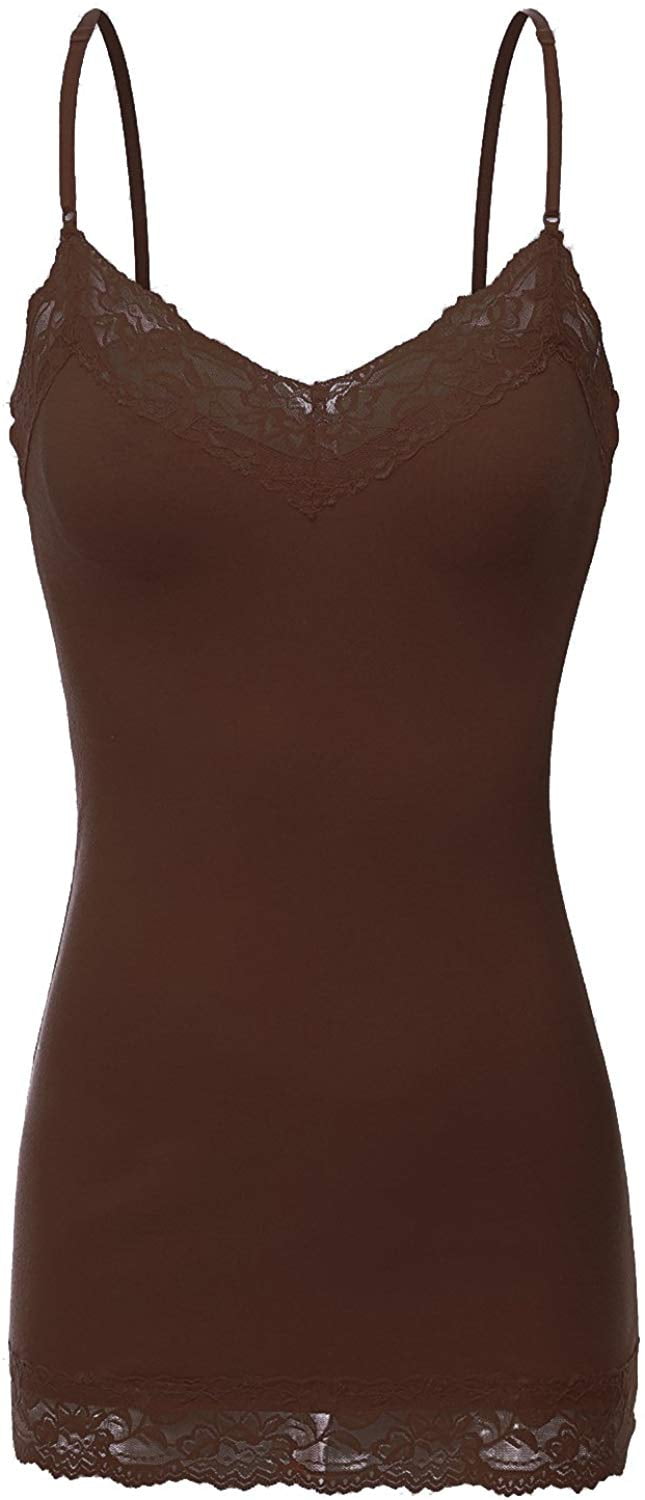 Bozzolo - Women's Junior & Plus Adjustable Spaghetti Strap Lace Trim Tunic Tank Top - (Brown