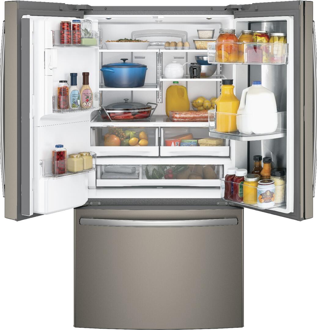 "GE GFD28GMLES 36 Inch French Door Refrigerator with 27.8 cu. ft. Total Capacity, 5 Glass Shelves, 9.2 cu. ft. Freezer Capacity, in Slate" - image 3 of 11