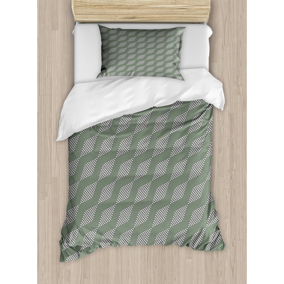 Abstract Duvet Cover Set Twin Size, Diagonally Arranged Circles Forming Diamond Shapes Symmetric Layout, Decorative 2 Piece Bedding Set with 1 Pillow Sham, Sage Green and White, by Ambesonne