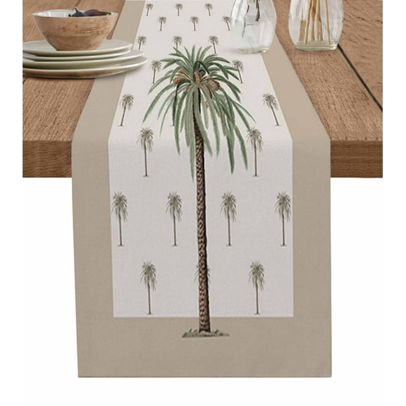Table Runner Dresser Scarves 90 Inch Long, Summer Palm Coconut Tree Linen Dining Table Runners Tropical Plants on Khaki Tabletop Scarf for Wedding Holiday Party Kitchen