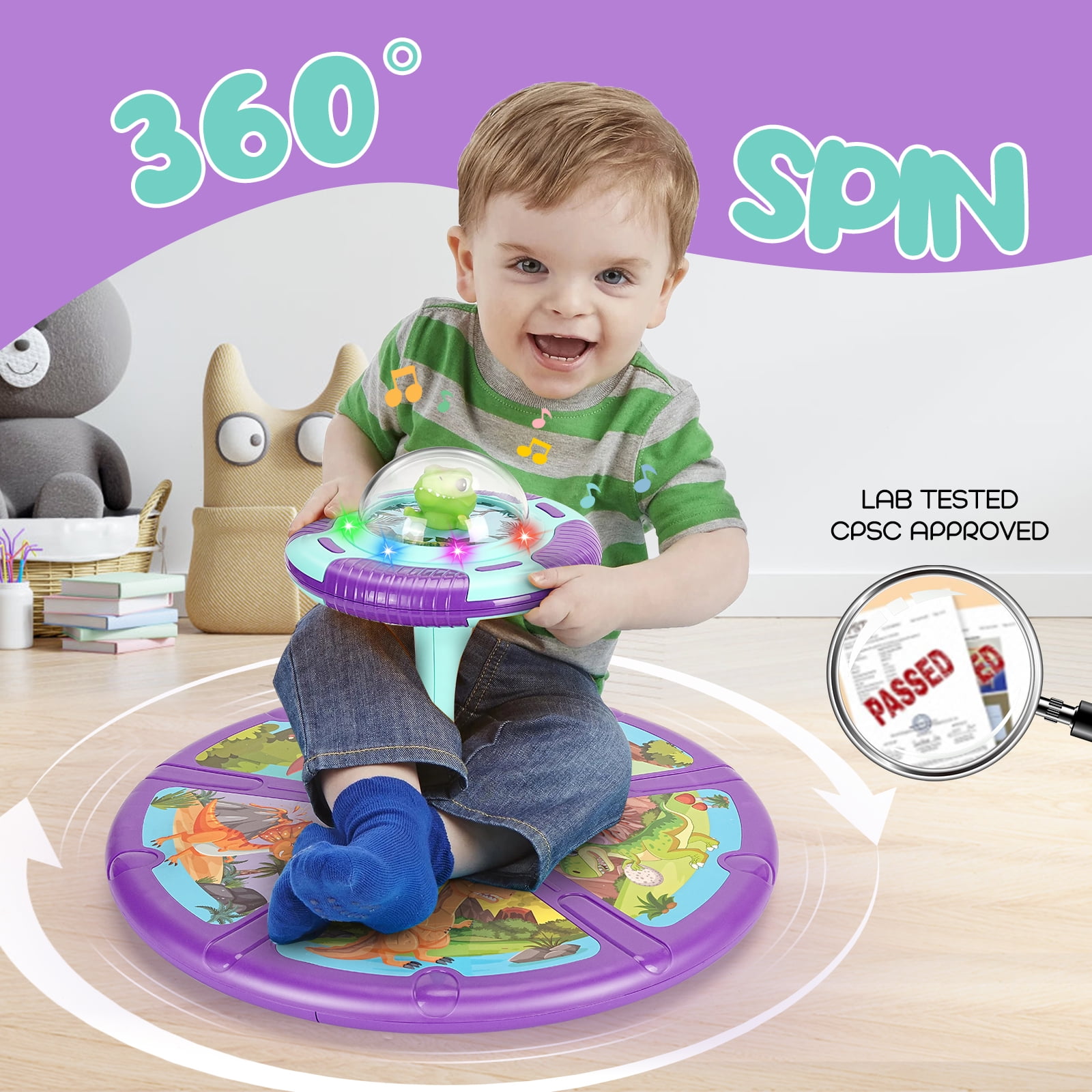 Dinosaur Sit and Spin Toys for Toddler Boys Age 1 2 3 with LED & Music, Birthday Gift for Boy Girl Age 2-4, 18+ Months