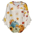 thumbnail image 5 of Landscape Painting Farmhouse Women's V-Neck Blouse With 3/4 Ruffled Bell Sleeves Casual Top Ladies Blouses, 5 of 7