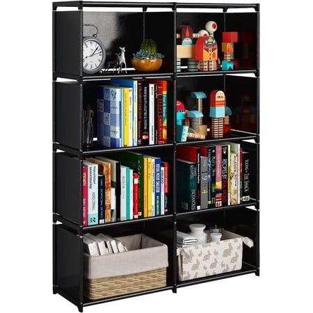 JIUYOTREE 5-Tiers Portable Bookshelf with Fabric Cloth at Back, 8 Cube Closet Storage Organizer Bookcase, Living Room,Study Room,Bedroom, Black