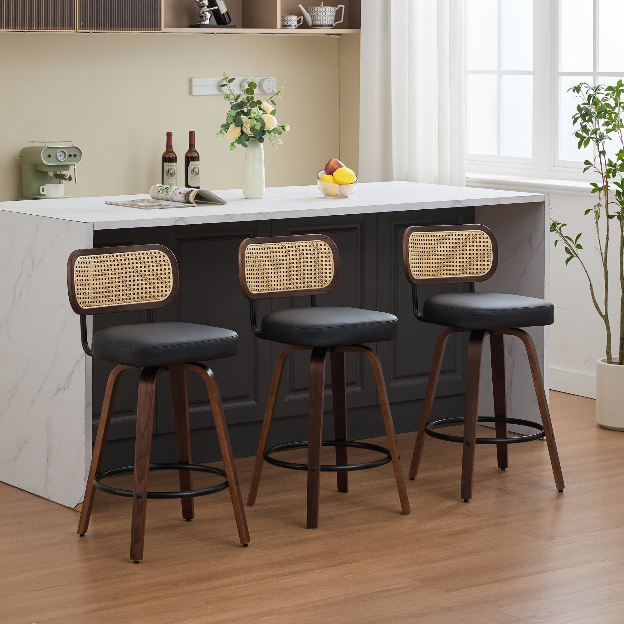 Oufan Swivel Bar Stools Set of 3, Wooden Counter Height Bar Chairs w/ Upholstered Seat & Rattan Backrest, Farmhouse Barstool for Kitchen Island,Cafe