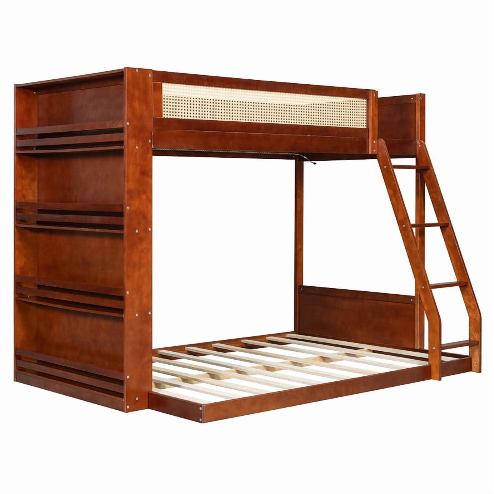 Twin-Over-Full Bunk Bed with Built-in Ladder & LED Strip, Storage Wooden Bed Frame with Bookshelf & Rattan Guardrail