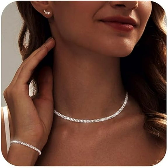 CJBZLC Tennis Necklace Bracelet for Women, Dainty Sterling Sliver Choker Necklace Crystal Link Bracelet Stud Earrings for Women Wedding Jewelry for Bride Jewelry Set Accessories