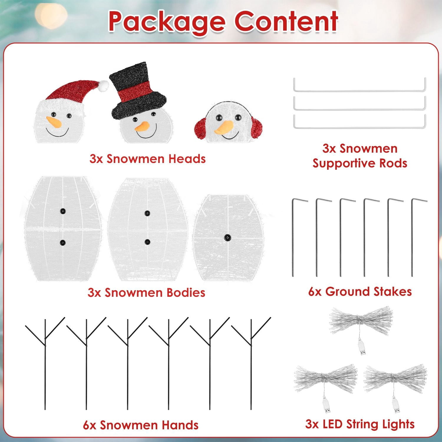 3Pcs Christmas Snowman Family Decorations (Father/Mother/Baby), 2D Plush-Wrapped Metal Frame with 3×9.84ft LED String Lights (30 Beads/Each), USB Powered for Festive Glow