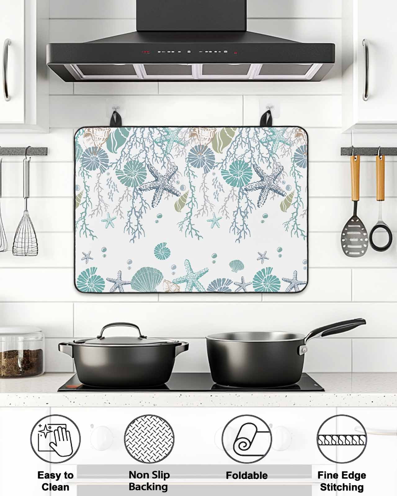 Stove Top Covers for Electric Stove, Ocean Coastal Glass Stovetop Cover Protector, Nautical Starfish Conch Seashells Coral Induction Cooktop Protector Oven Mat for Kitchen Countertop 24"x21"