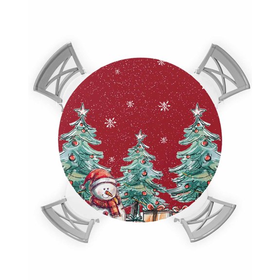 nqOlkjepod Red Christmas Round Tablecloth, Fitted Table Cover with Elastic for 55"-60" Round Tables, Xmas Snowman Tree Snowflake Table Cloth Outdoor Indoor Dinning Party Waterproof Tablecloths