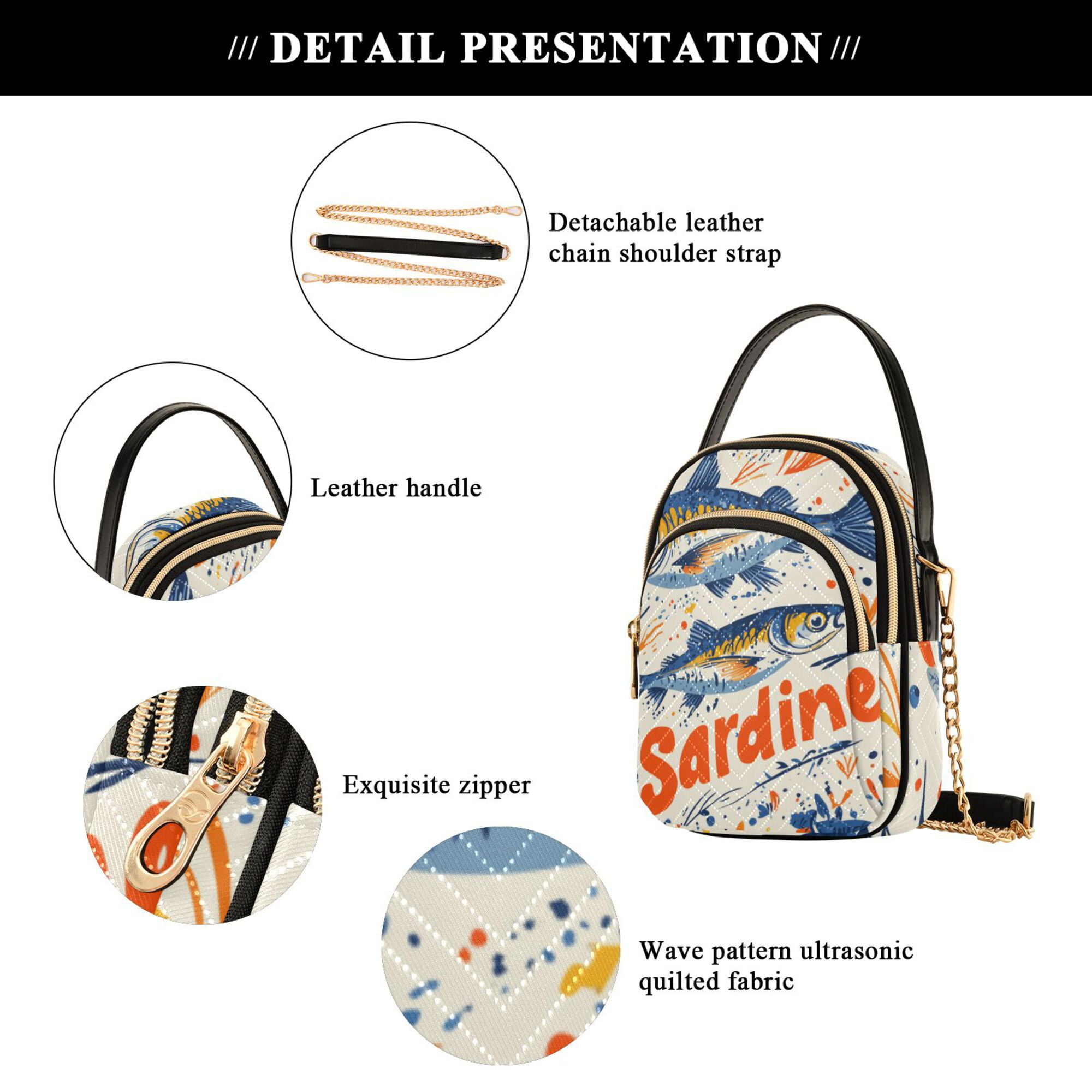FORMRS Crossbody Bag for Women Quilted Travel Shoulder Cell Phone Purse with Chain Strap Handbag, Blue Sardines Pattern