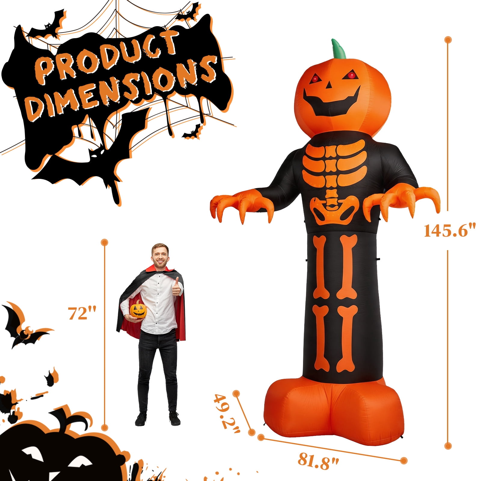 12ft Inflatable Halloween Decor with Skeleton Ribs, Pumpkin & Grim Reaper, 3 LED Lights + 115 Count String Lights, Black & Orange, 12V 2000mA US Power Adapter