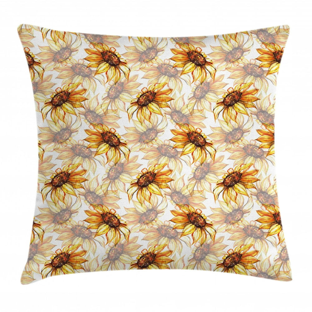 Yellow Flower Throw Pillow Cushion Cover, Watercolor Style Sunflowers Pattern with Faded