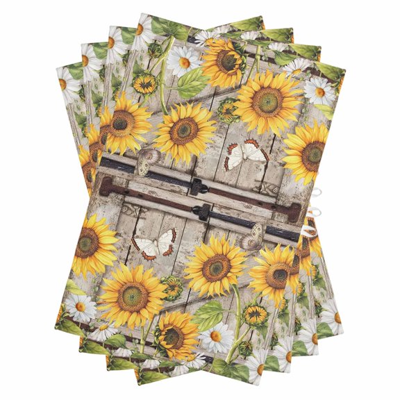 Farmhouse Sunflowers Kitchen Towels Set of 4, Water Absorbent Dish Towel, Rustic Barn Doors Flowers Butterfly Wooden Decorative Hand Towels - Quick Drying Cloth for Cooking Baking, 18x28 Inch