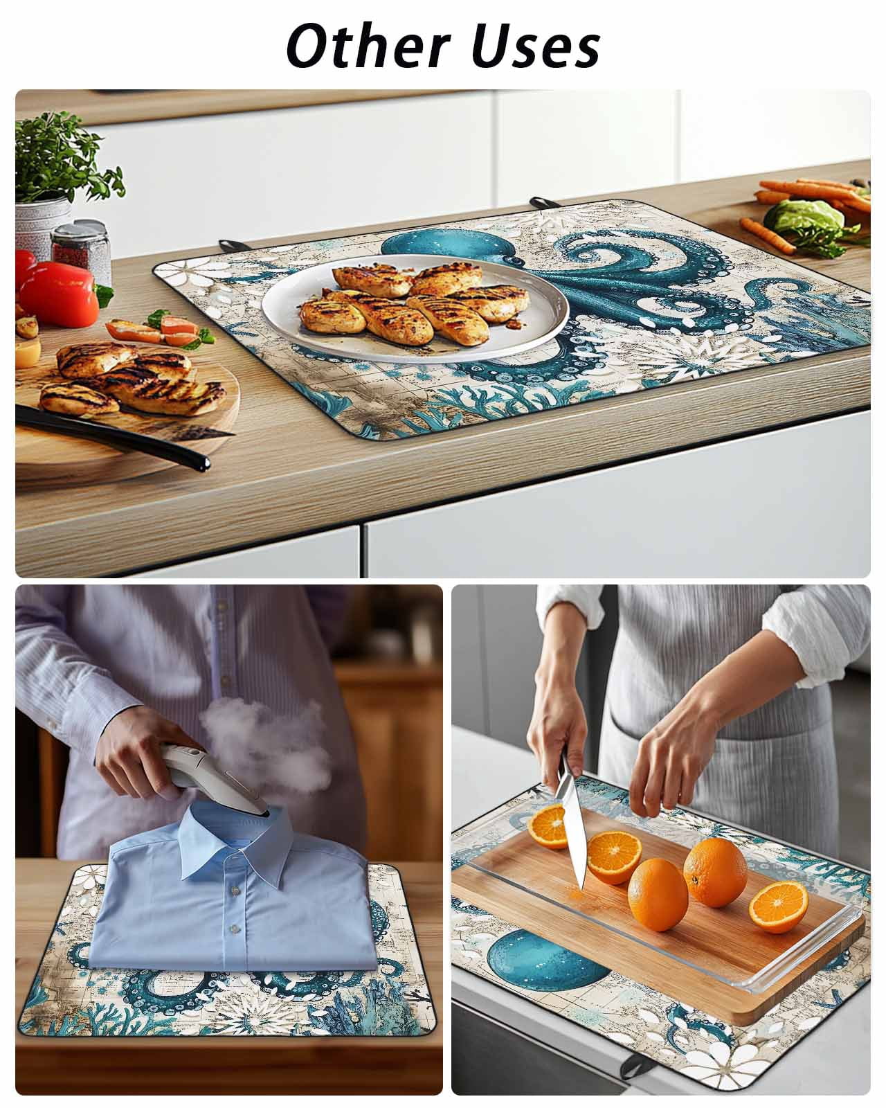 Stove Top Covers for Electric Stove, Coastal Octopus Glass Stovetop Cover Protector, Vintage Beach Teal Coral Nautical Induction Cooktop Protector Oven Mat for Kitchen Countertop 24"x21"