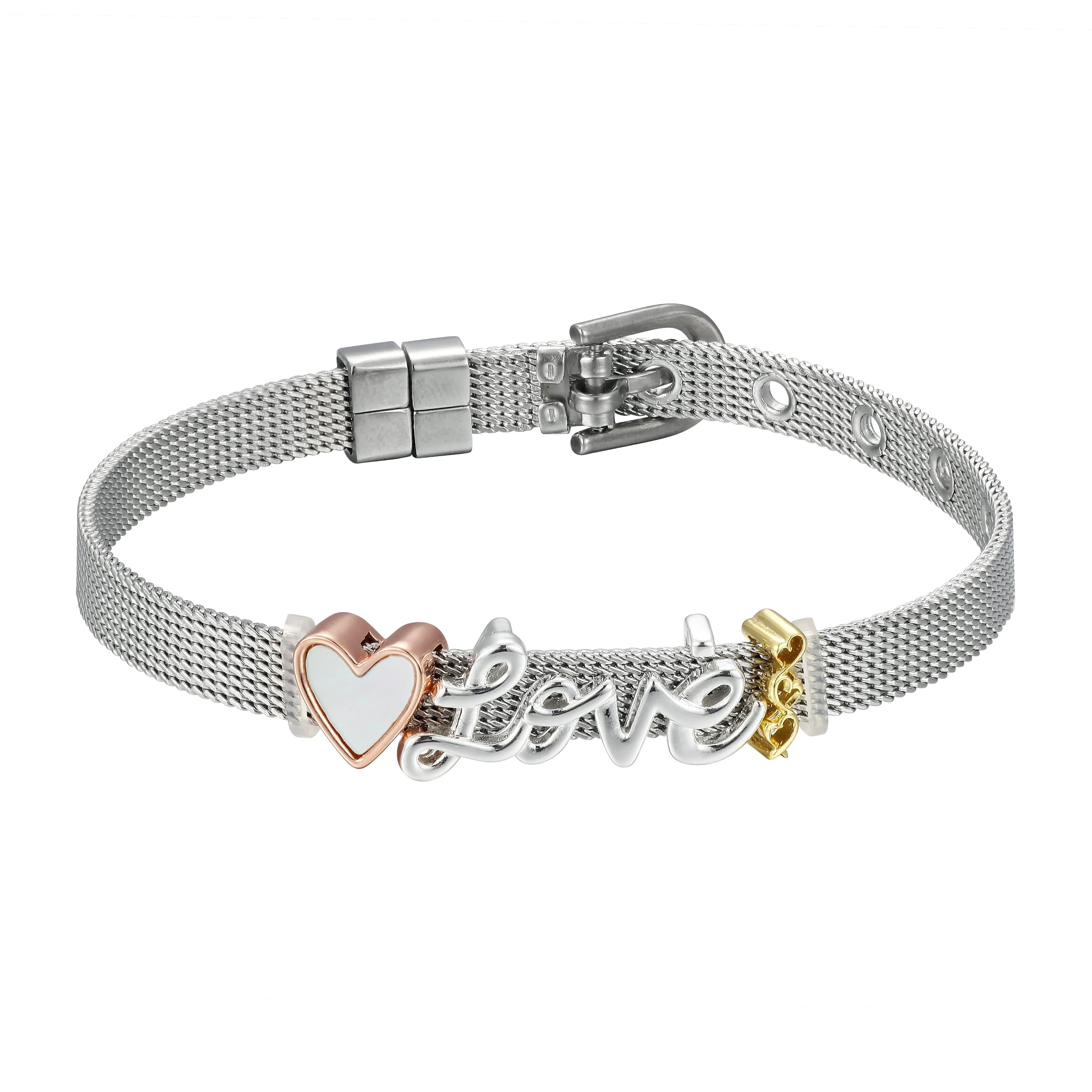 14Kt Gold Flash-Plated Genuine Mother of Pearl 'Love' Mesh Bracelet, Adjustable
