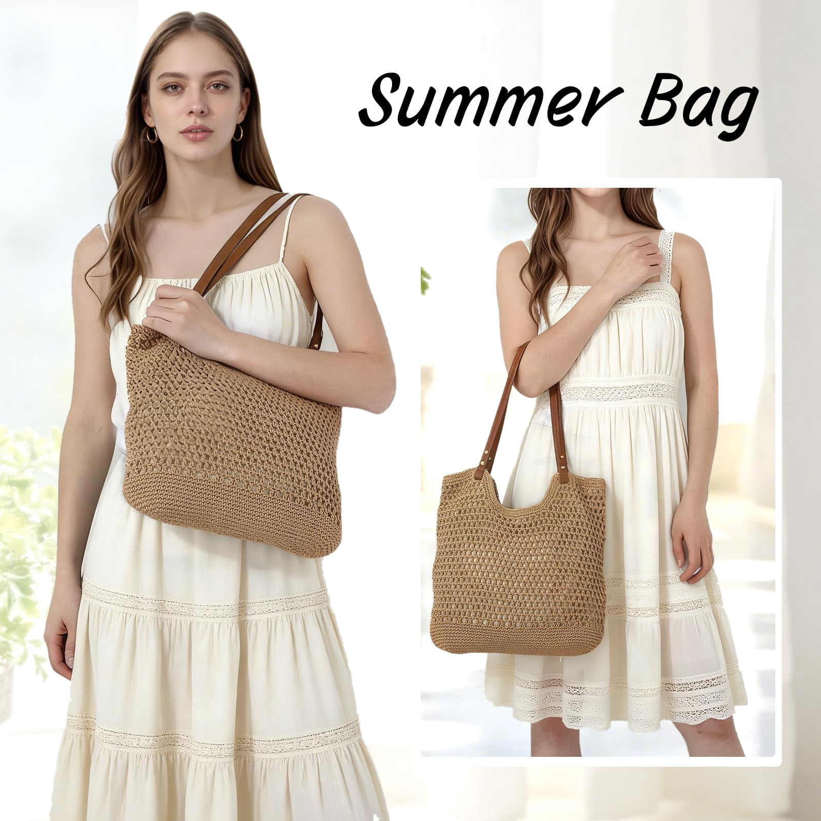 mirlewaiy Beach Bags for Women Woven Crochet Summer Purse 2026 | Boho Tote Bag, 13.8" Large Capacity, Tote Bag with Zipper, Foldable Packable, Beach Shipping, Vacation Purse
