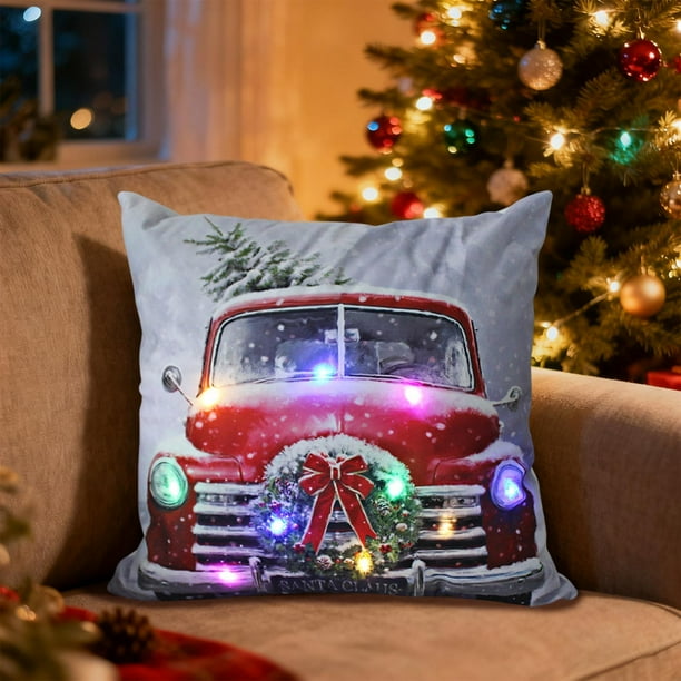 Almohada LED navideña | Modos de luz intermitente y fija | Decoración navideña de Papá Noel y reno | Funda de cojín decorativa para sofá y dormitorio