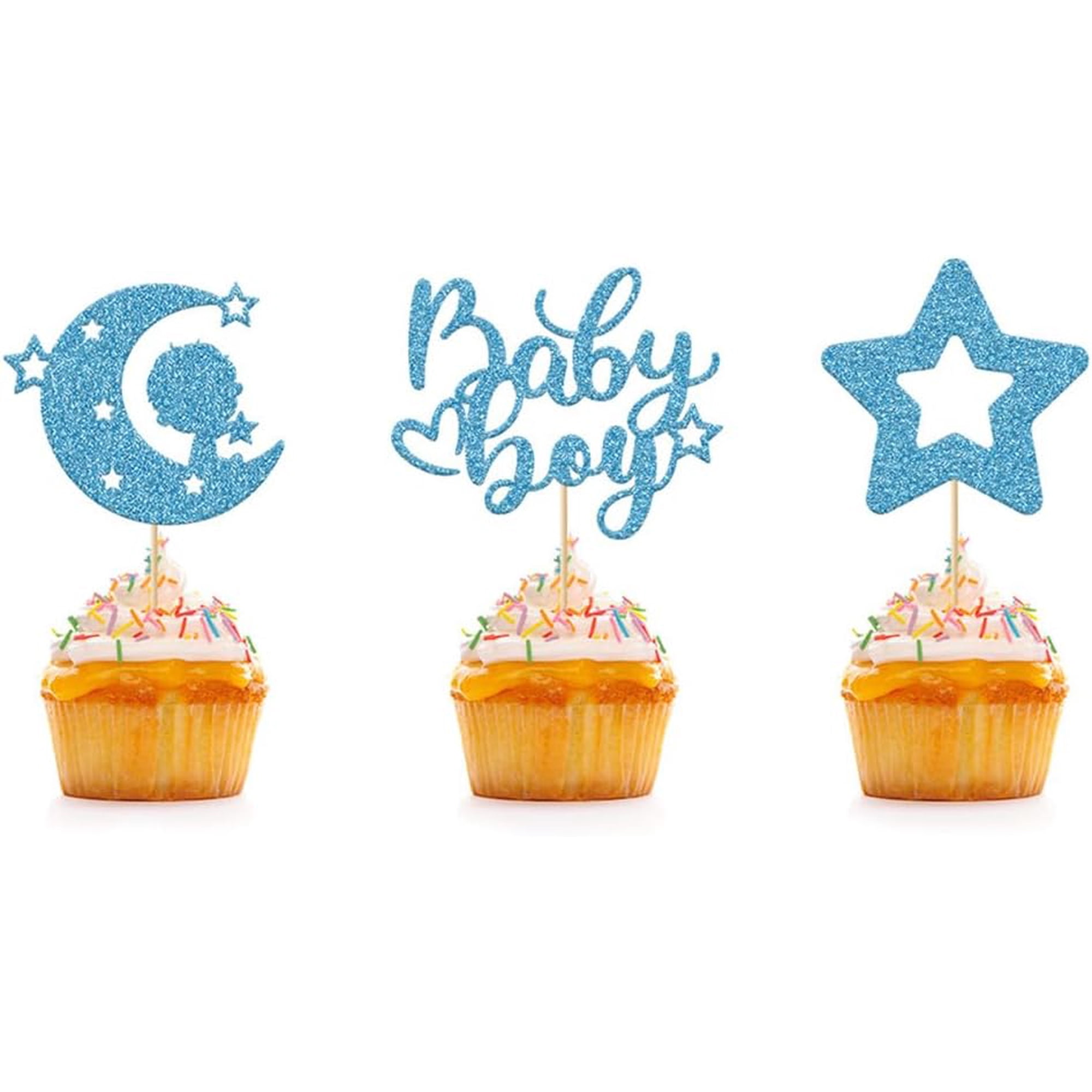 Baby Boy Cupcake Toppers Blue Glitter Moon Star and Baby Boy Designs Baby Shower Birthday Party Decorations 12 PCS