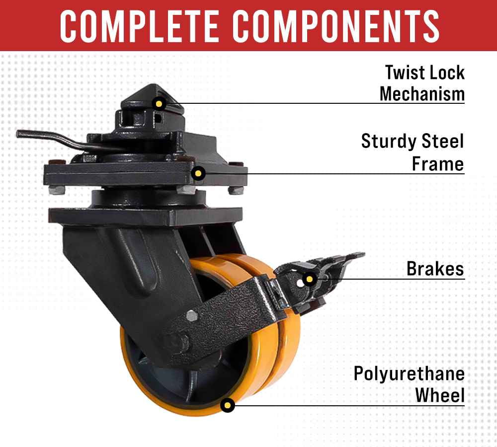 (4 Pack) 8" ISO Shipping Container Double Caster Wheels with Brakes - 3 Ton Load Capacity (6600 lbs WLL/Unit) - Shipping Container Moving Wheels Swivel Plate with Twist Lock
