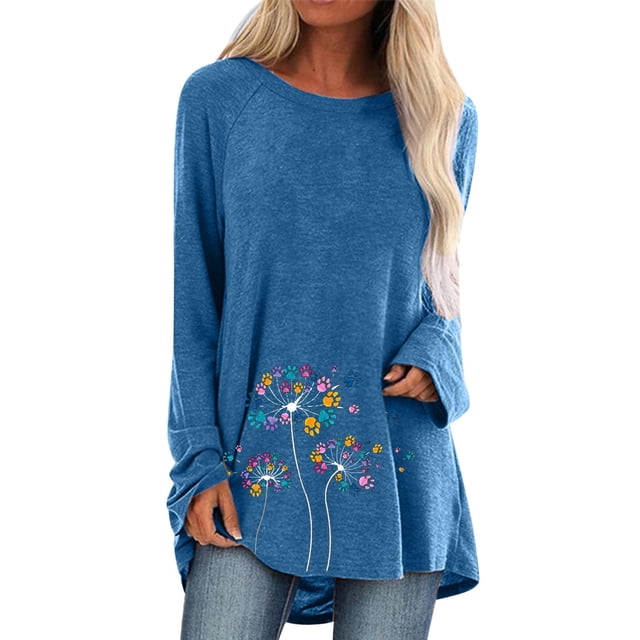 TSADFHJI Hauts pour Femmes Manches Longues Grande Taille T-Shirts Décontractés Col Rond Raglan Pissenlit Imprimé Manches Longues Blouse Top TTG Bleu