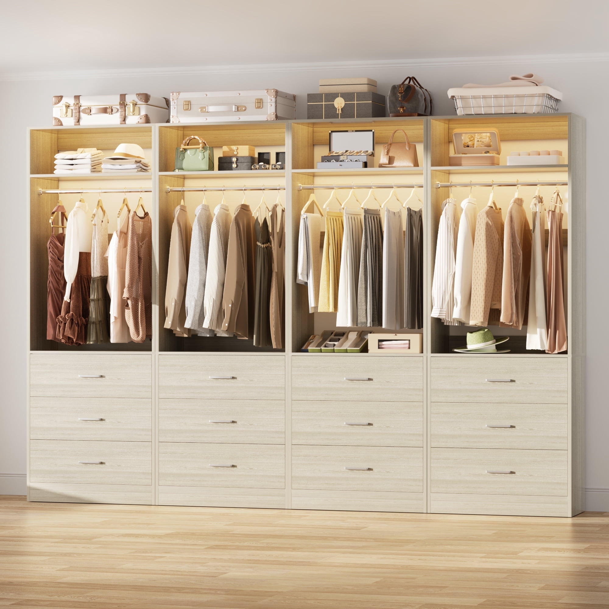 Homieasy 8FT (96 Inch) Closet Organizer System,Set of 4 - 12 Wood Drawers, 4 Hanging Rods & 4 Shelves, Heavy Duty Walk-in Closet Storage,White Oak