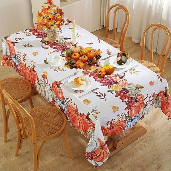 Rectangle Fall Tablecloth with Harvest Pumpkin Print, Spill Proof Machine Washable Table Cloth, Autumn Maple Leaf Polyester Table Cover for Thanksgiving Dinner, Gathering, Party 60 x 120Inch Orange