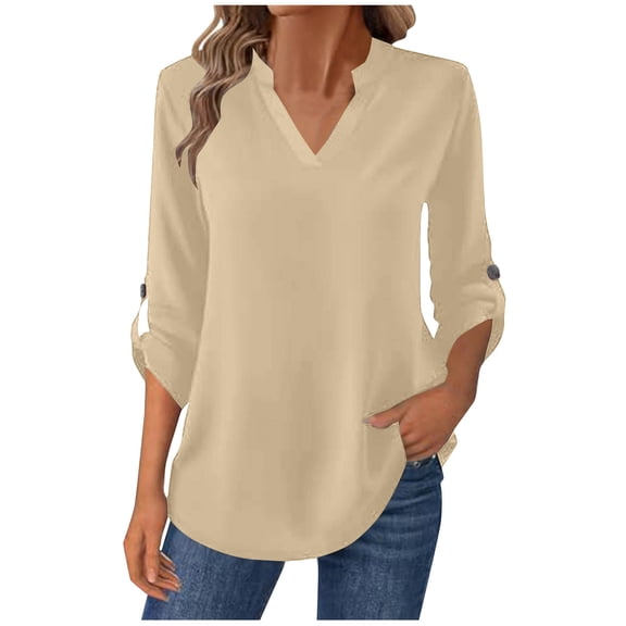 Women's Fashionable V-Neck Top with Long Sleeves and a Button Detail, Combining Shirt and Top Styles